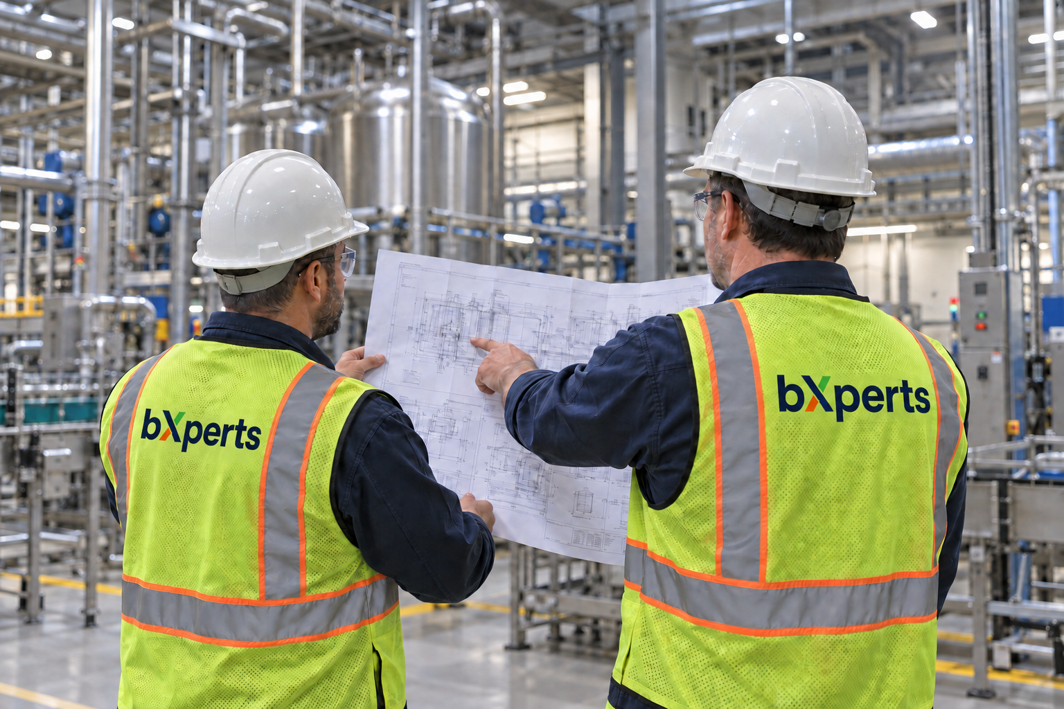 Two bXperts engineers reviewing project drawings on an industrial site