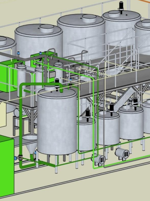 3D rendering of an industrial piping layout connecting tanks and process equipment